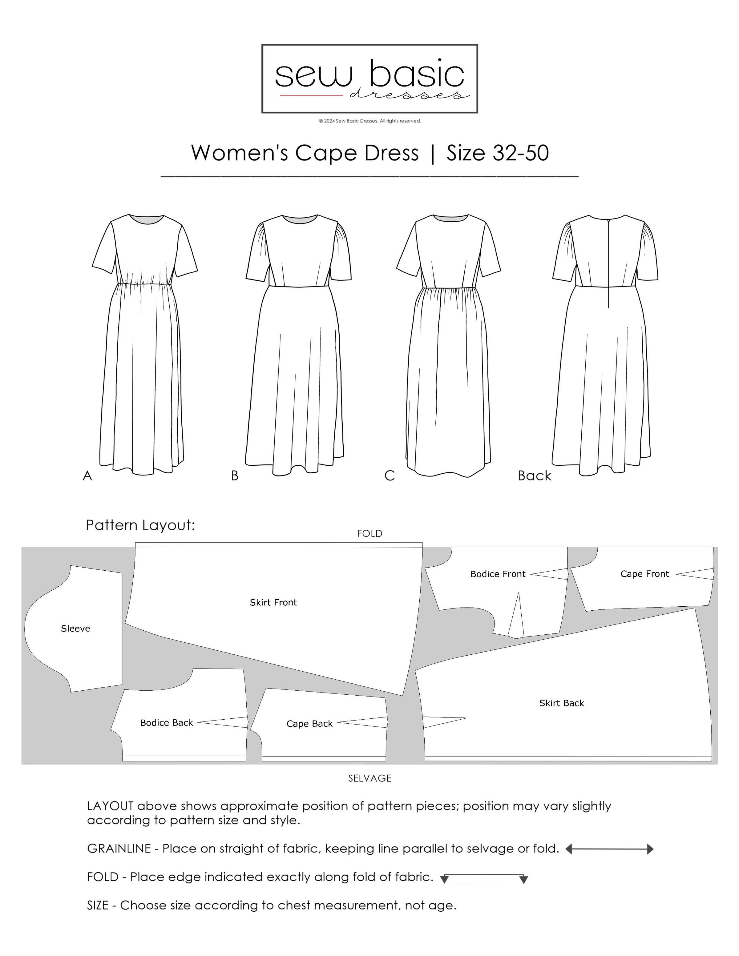 Women's Cape Dress Pattern - sizes 32/34,36/38,40/42,44/46,48/50 | modest dress  pattern | women's maxi dress | women's A-line | Sew Basic Dresses